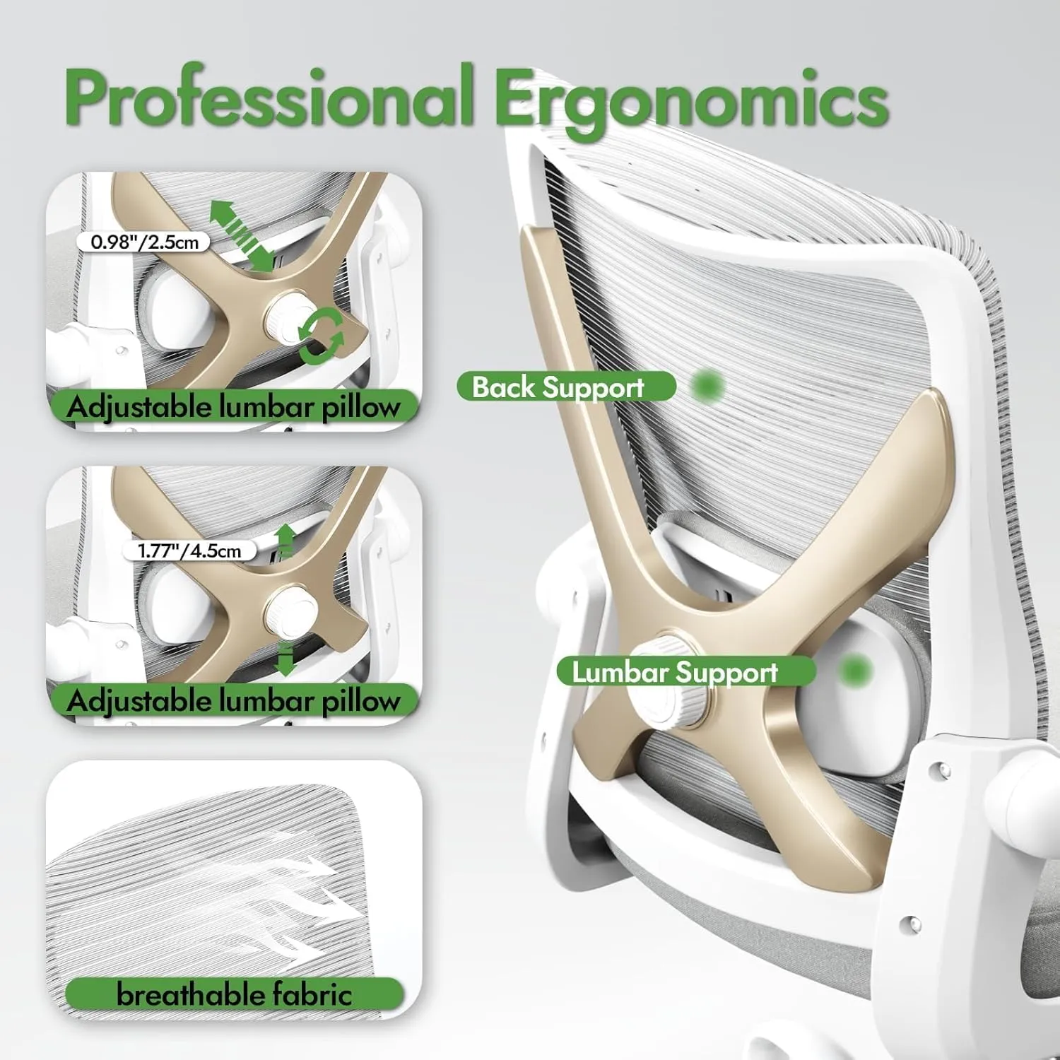 Ergonomic Office Chair with Lumbar Support - Adjustable Computer Desk Chairs for Home Office, Gaming, and Work - Comfortable and Supportive Desk Chairs for Adults(Grey Gold)