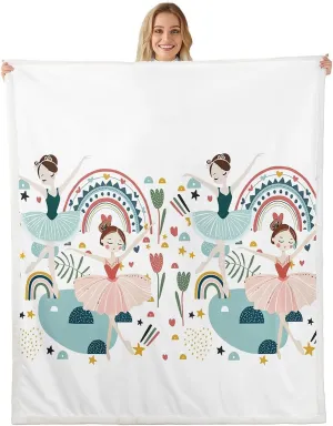 Erosebridal Ballerina Throw Blanket Queen Size, Cartoon Dancing Ballerinas Print Blanket for Teenage Girl, Cute Ballet Themed Fuzzy Blanket, Kawaii Rainbow Florals Duver Insert