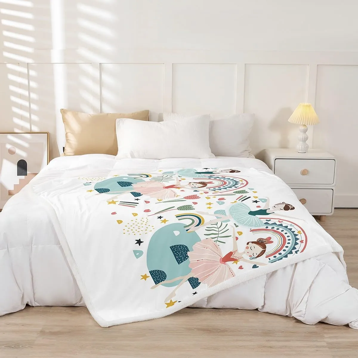 Erosebridal Ballerina Throw Blanket Queen Size, Cartoon Dancing Ballerinas Print Blanket for Teenage Girl, Cute Ballet Themed Fuzzy Blanket, Kawaii Rainbow Florals Duver Insert