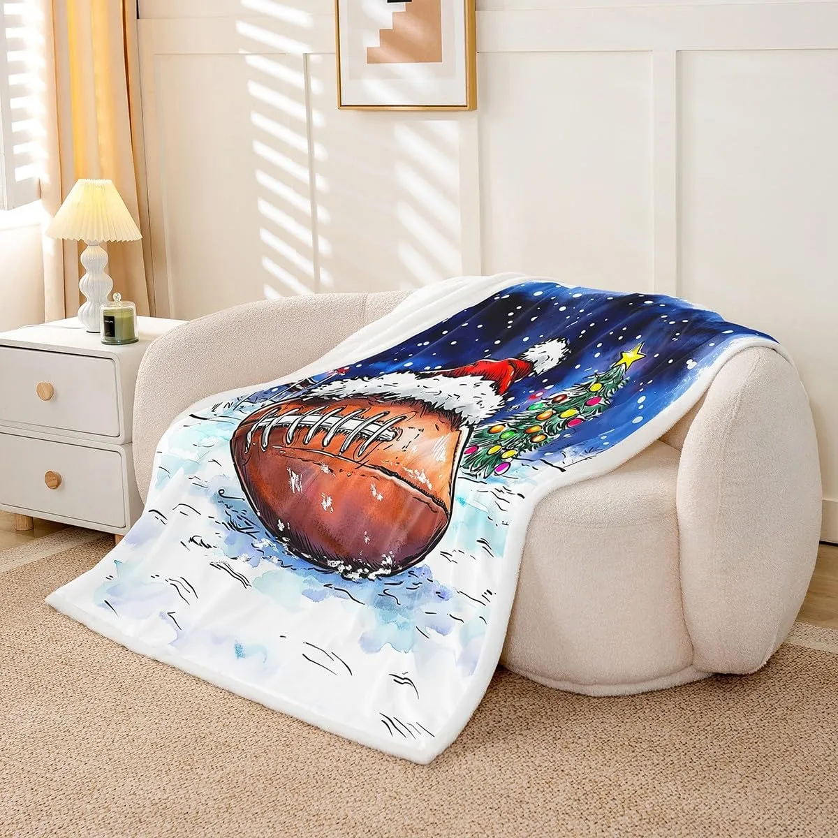 Erosebridal Christmas Baby 30"X40" Kids Fleece Blanket Football Xmas Decor Sherpa Blanket,White Snowflake for Boys Girls Teens Throw Blanket,Happy Holiday Winter Flannel Blanket,Blue and White