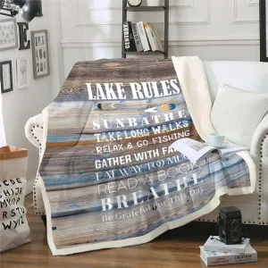 Erosebridal Lake Rules Fleece Blanket, Vintage Country Retro Wood Decor, 50"x60" Lake Life Throw Blanket for Adults, Women, Camping, Picnic