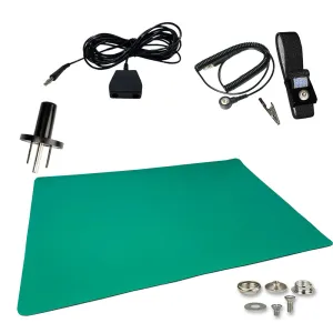 ESD Compliant Mat Workstation Kit - 16"x24"x.060", Wrist Strap Set, Ground Cord, Universal Snap Kit, Easy to Use Outlet Adapter,Computer/Cellphone Repair Kit, Soldering Mat - Green