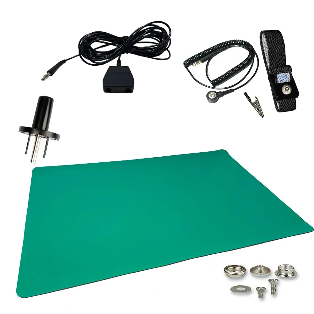 ESD Compliant Mat Workstation Kit - 16"x24"x.060", Wrist Strap Set, Ground Cord, Universal Snap Kit, Easy to Use Outlet Adapter,Computer/Cellphone Repair Kit, Soldering Mat - Green