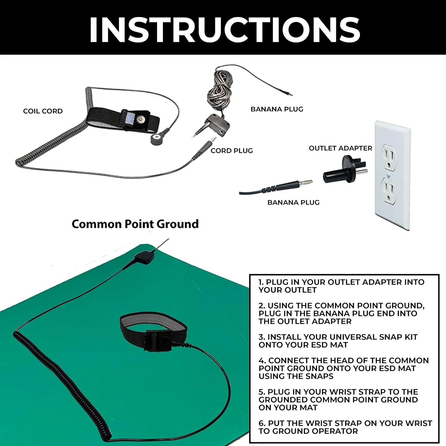 ESD Compliant Mat Workstation Kit - 16"x24"x.060", Wrist Strap Set, Ground Cord, Universal Snap Kit, Easy to Use Outlet Adapter,Computer/Cellphone Repair Kit, Soldering Mat - Green