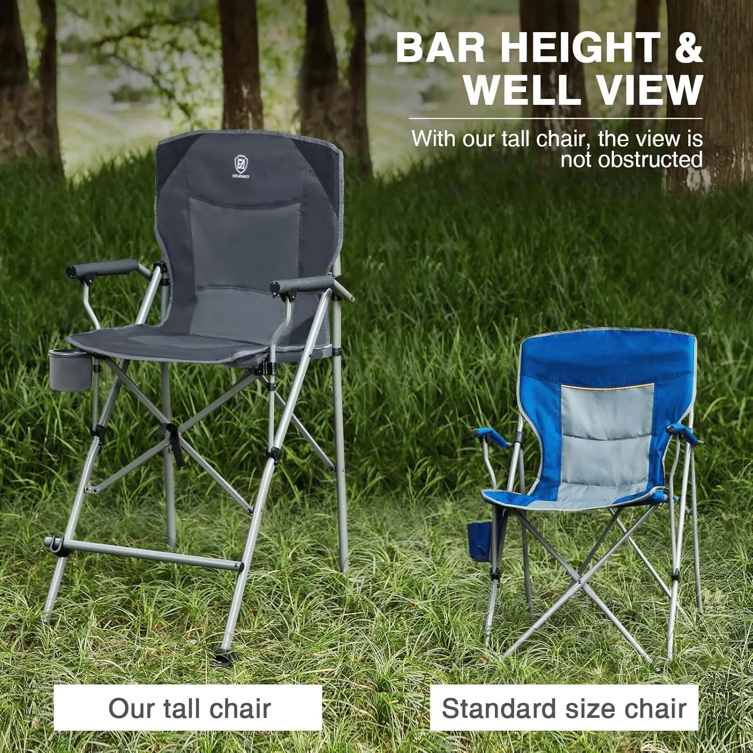 EVER ADVANCED Tall Folding Chair 31", Portable Directors Chair, Bar Height Camping Chair with Carry Bag and Footrest, Armrest, Heavy Duty Supports 300 Lbs Grey