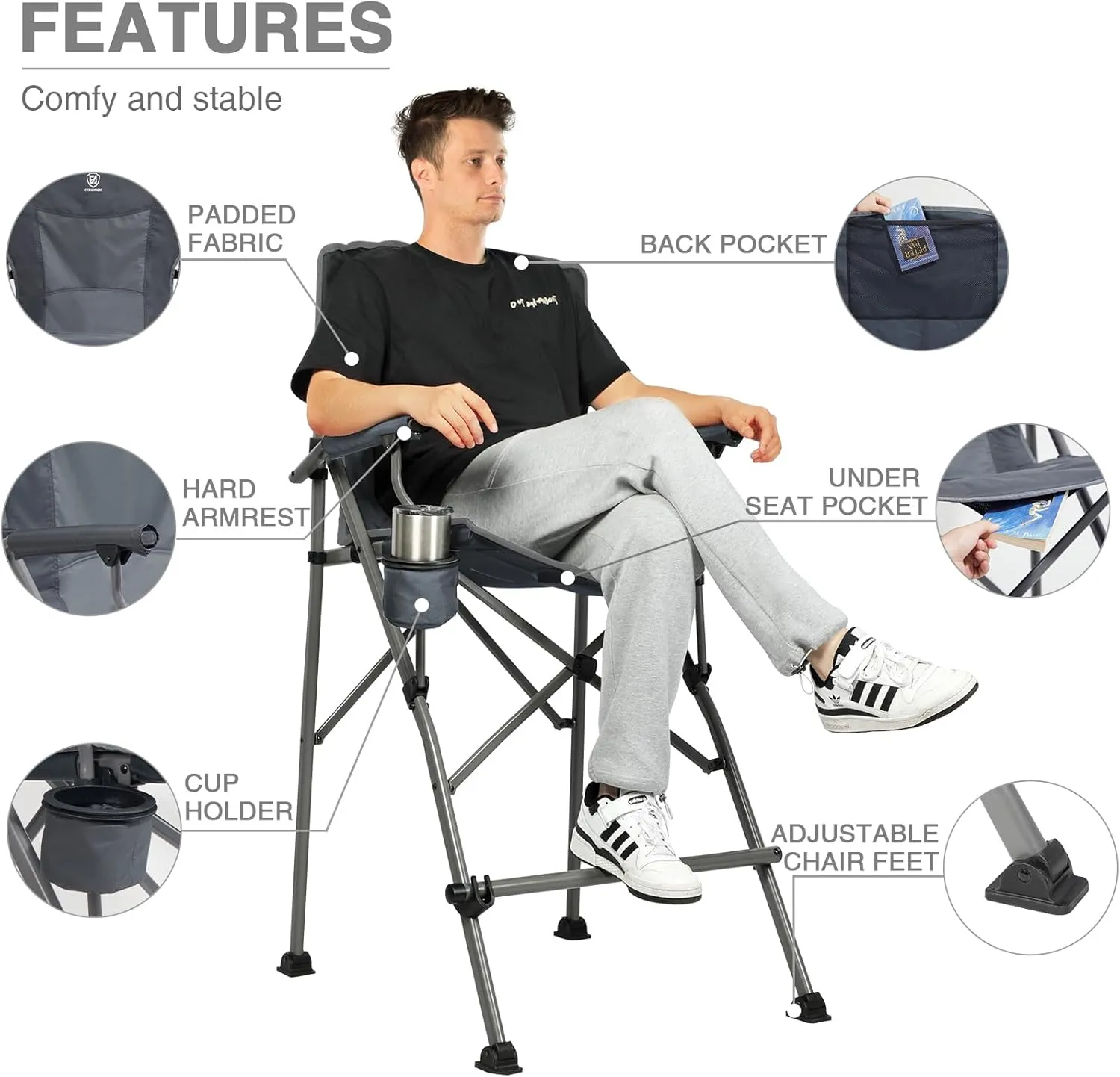 EVER ADVANCED Tall Folding Chair 31", Portable Directors Chair, Bar Height Camping Chair with Carry Bag and Footrest, Armrest, Heavy Duty Supports 300 Lbs Grey