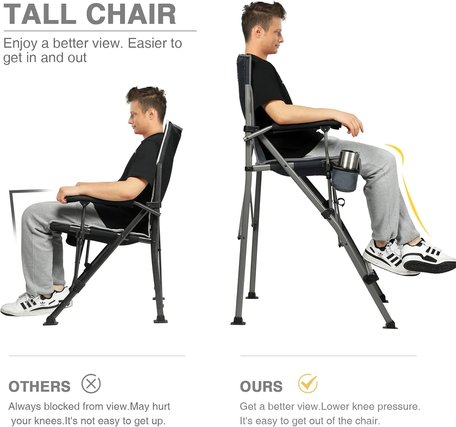 EVER ADVANCED Tall Folding Chair 31", Portable Directors Chair, Bar Height Camping Chair with Carry Bag and Footrest, Armrest, Heavy Duty Supports 300 Lbs Grey