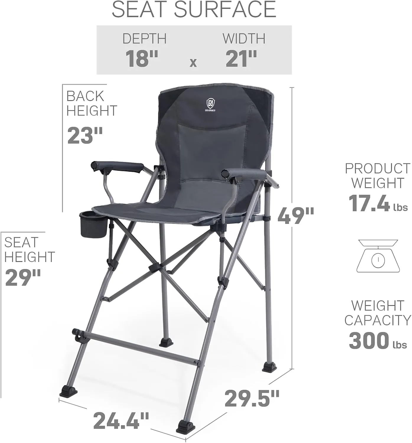 EVER ADVANCED Tall Folding Chair 31", Portable Directors Chair, Bar Height Camping Chair with Carry Bag and Footrest, Armrest, Heavy Duty Supports 300 Lbs Grey