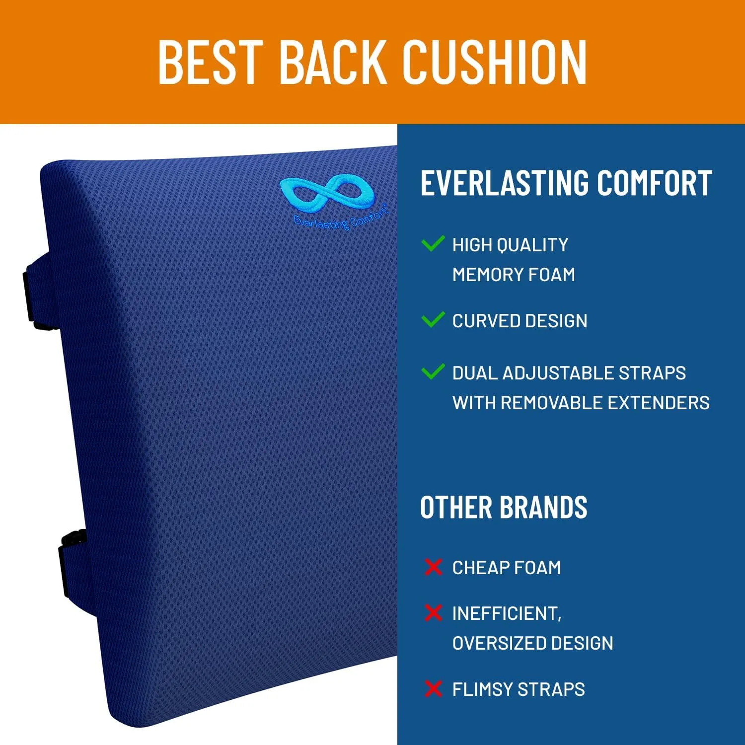 Everlasting Comfort Lumbar Support Pillow for Car Seat - Memory Foam Back Cushion for Car - Lumbar Pillow Promotes Better Posture, Back Pain Relief - Ideal for Driving