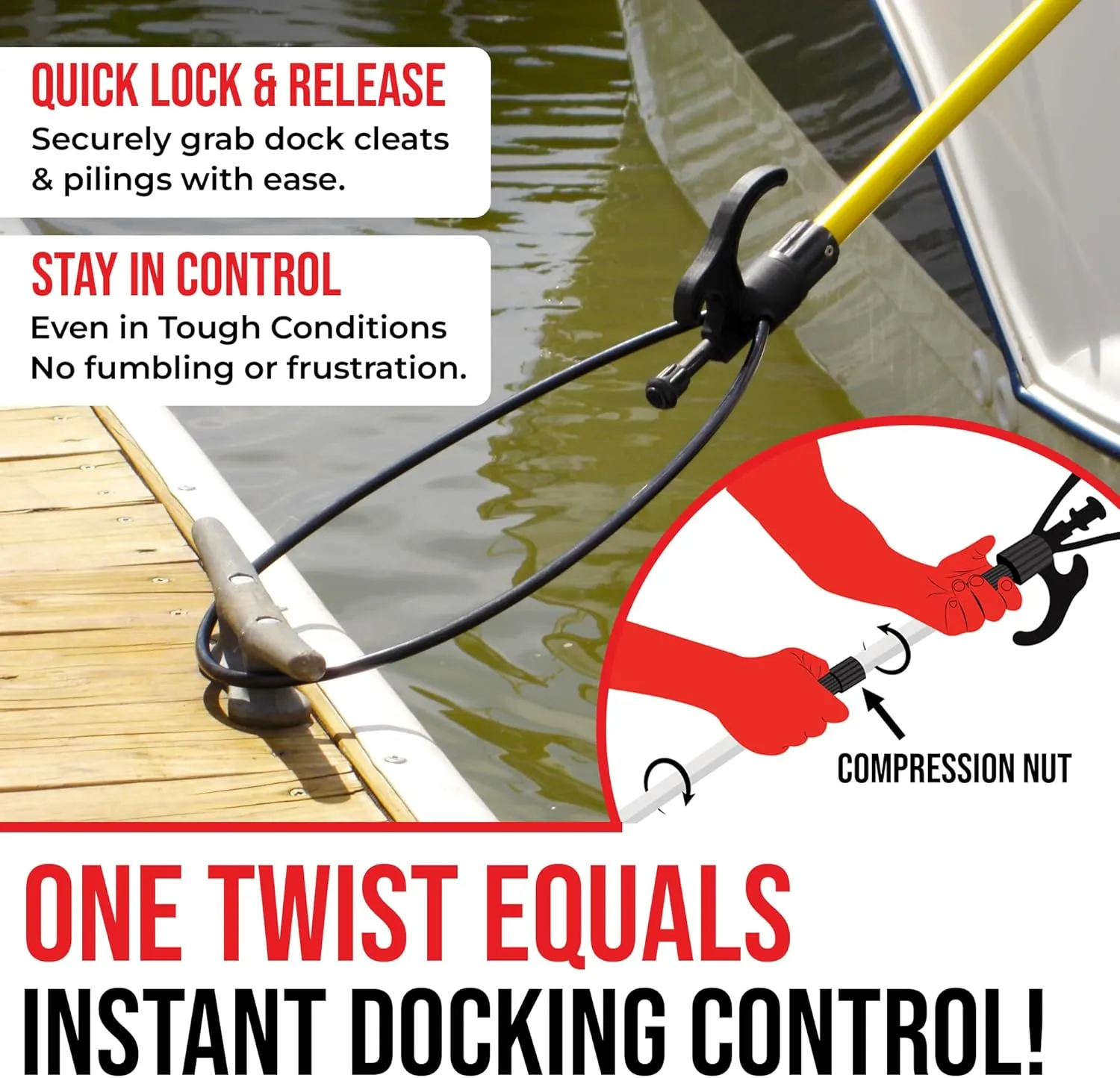 Extendable Fiberglass Boat Hook with Flexible Loop & Quick-Lock System - Adjustable 2-8ft Pole with Rubber Guard - Marine Rope Hook & Line Handling Tool