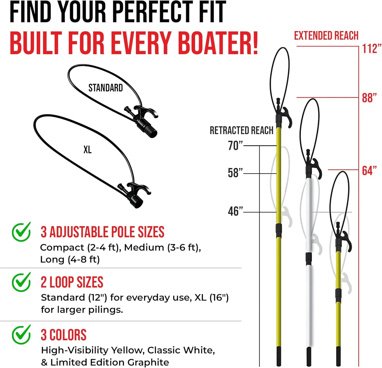 Extendable Fiberglass Boat Hook with Flexible Loop & Quick-Lock System - Adjustable 2-8ft Pole with Rubber Guard - Marine Rope Hook & Line Handling Tool