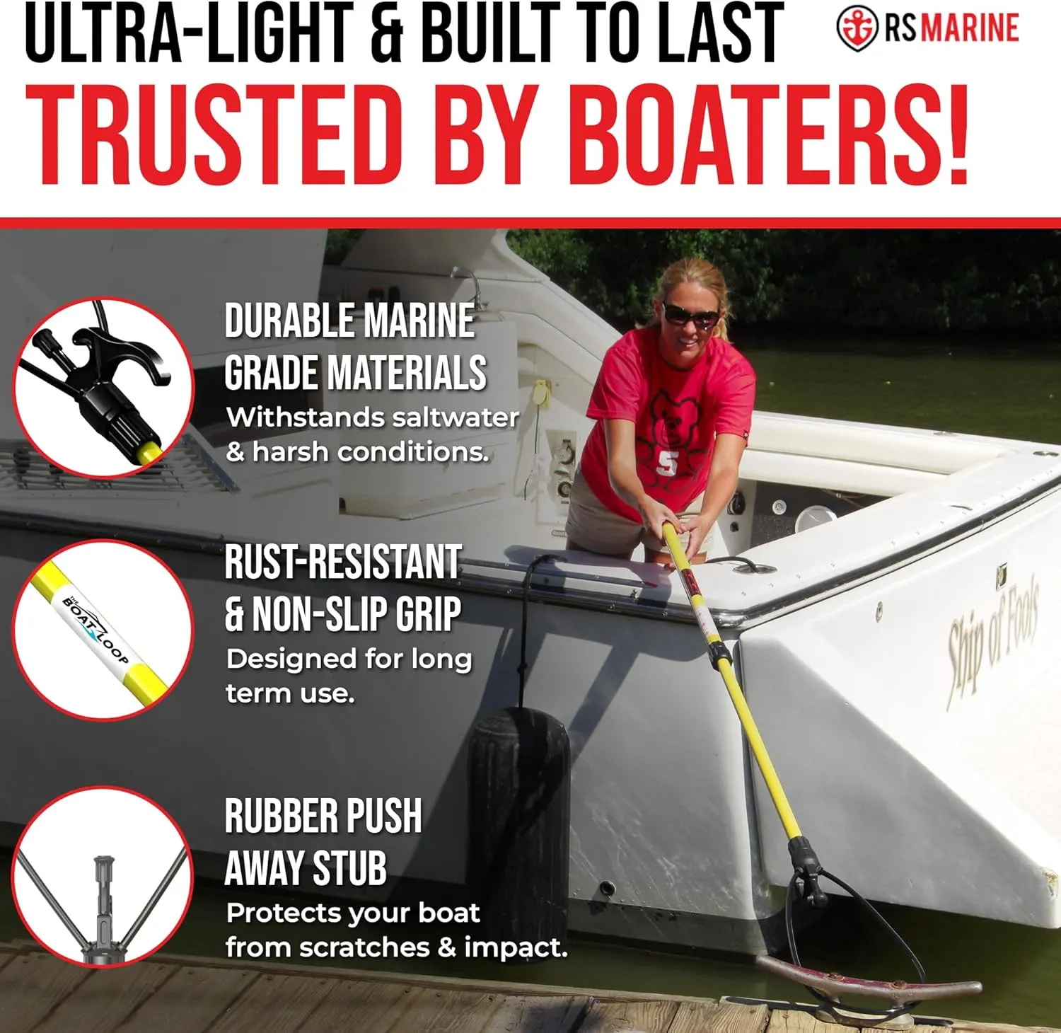 Extendable Fiberglass Boat Hook with Flexible Loop & Quick-Lock System - Adjustable 2-8ft Pole with Rubber Guard - Marine Rope Hook & Line Handling Tool