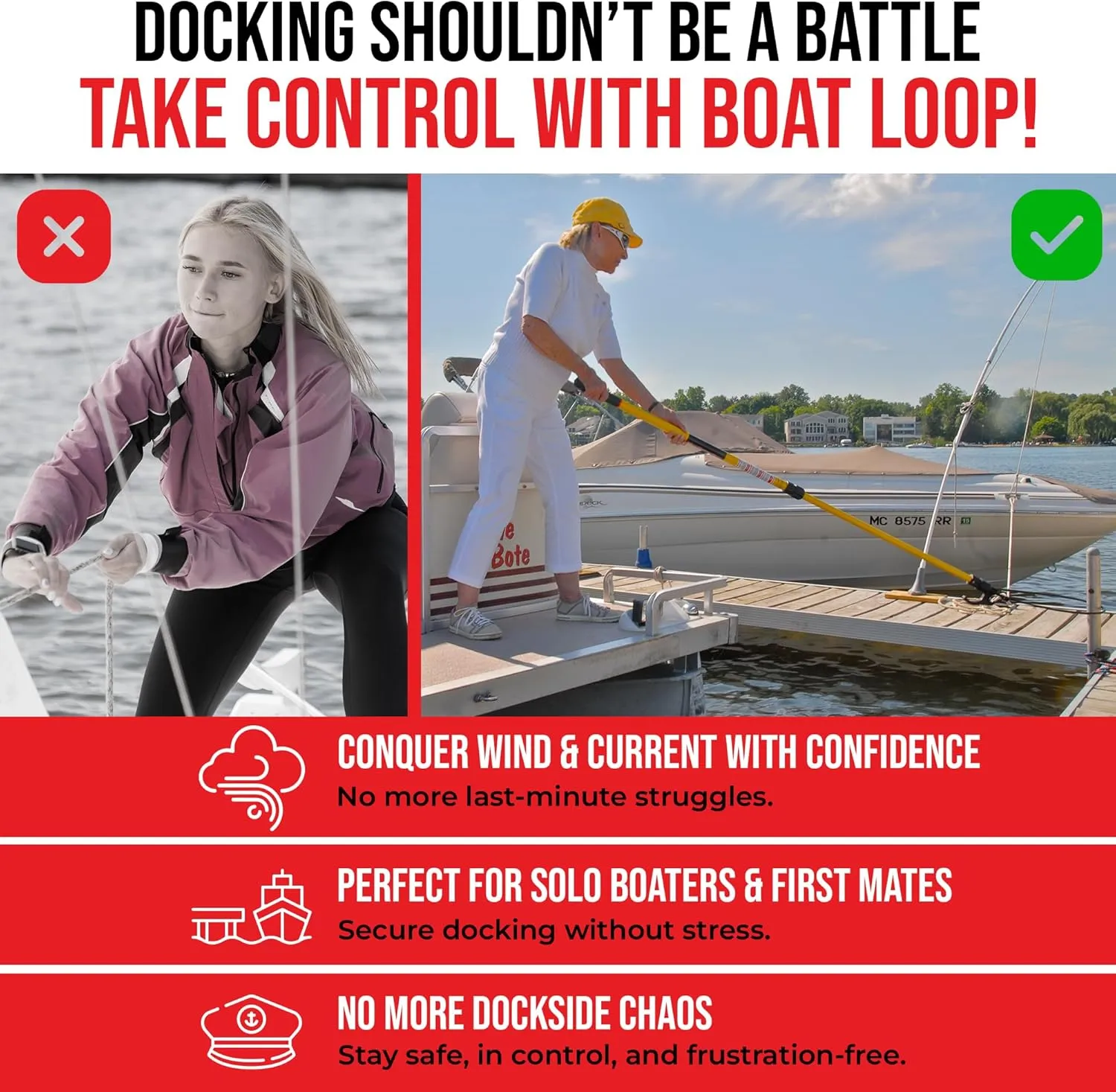 Extendable Fiberglass Boat Hook with Flexible Loop & Quick-Lock System - Adjustable 2-8ft Pole with Rubber Guard - Marine Rope Hook & Line Handling Tool