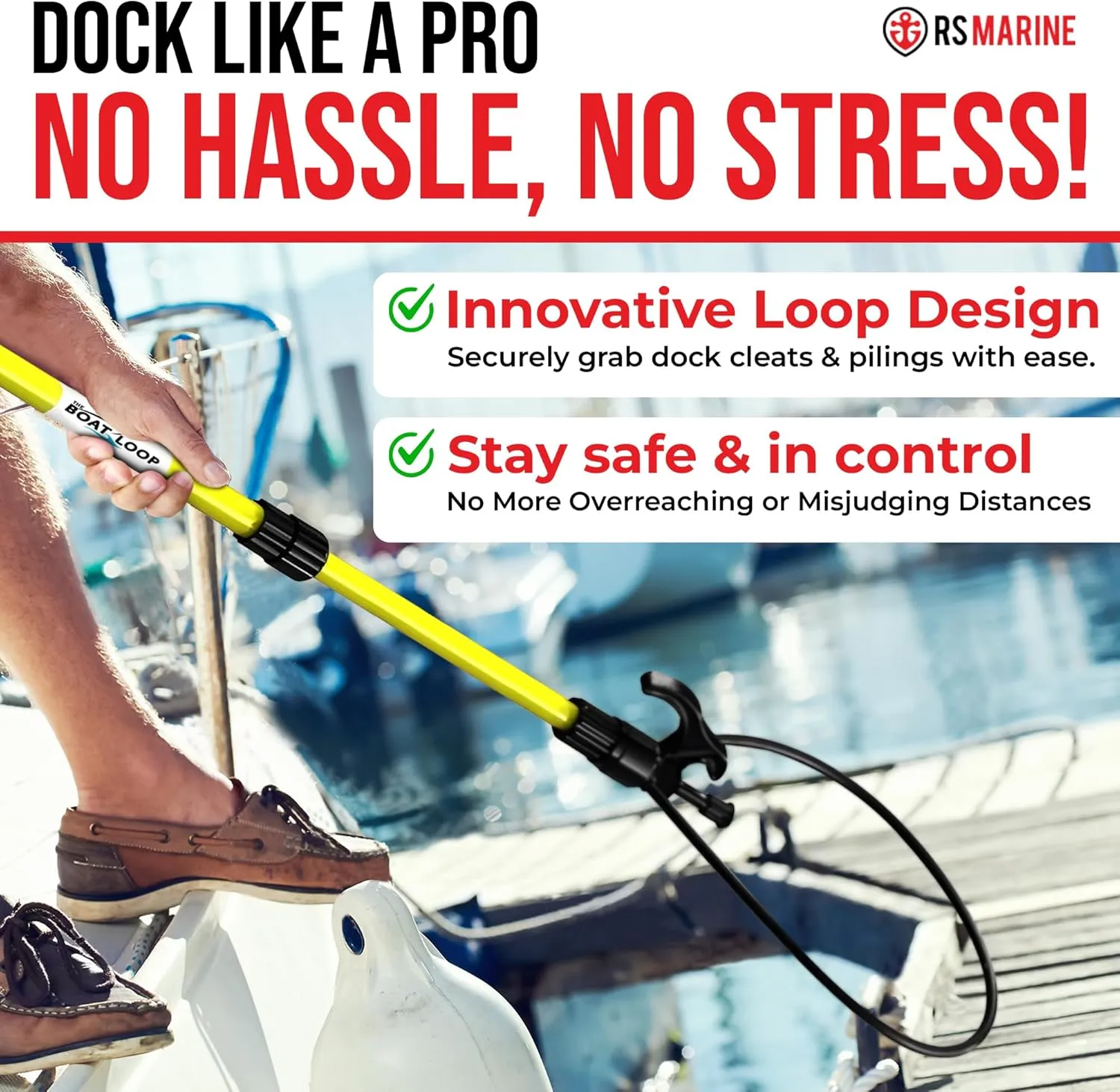 Extendable Fiberglass Boat Hook with Flexible Loop & Quick-Lock System - Adjustable 2-8ft Pole with Rubber Guard - Marine Rope Hook & Line Handling Tool