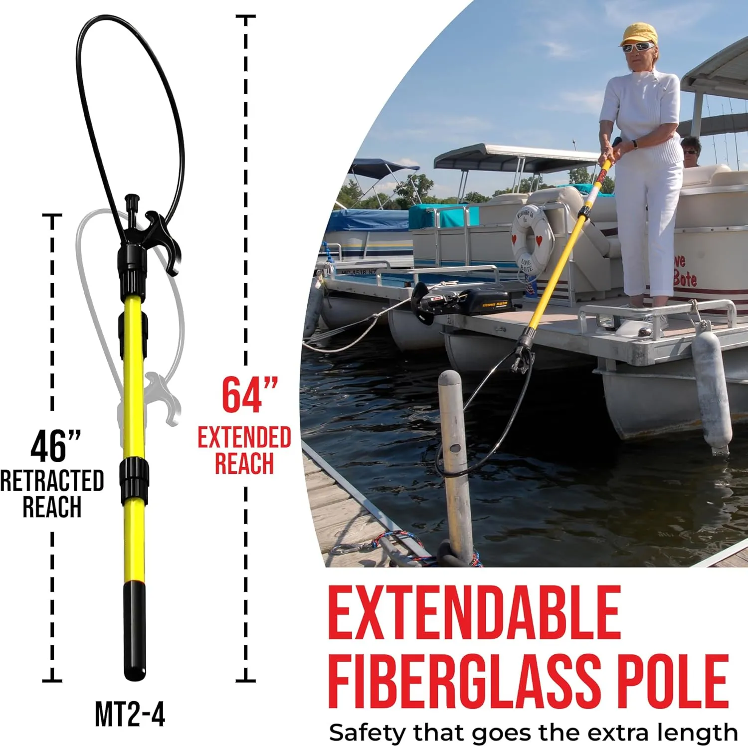 Extendable Fiberglass Boat Hook with Flexible Loop & Quick-Lock System - Adjustable 2-8ft Pole with Rubber Guard - Marine Rope Hook & Line Handling Tool