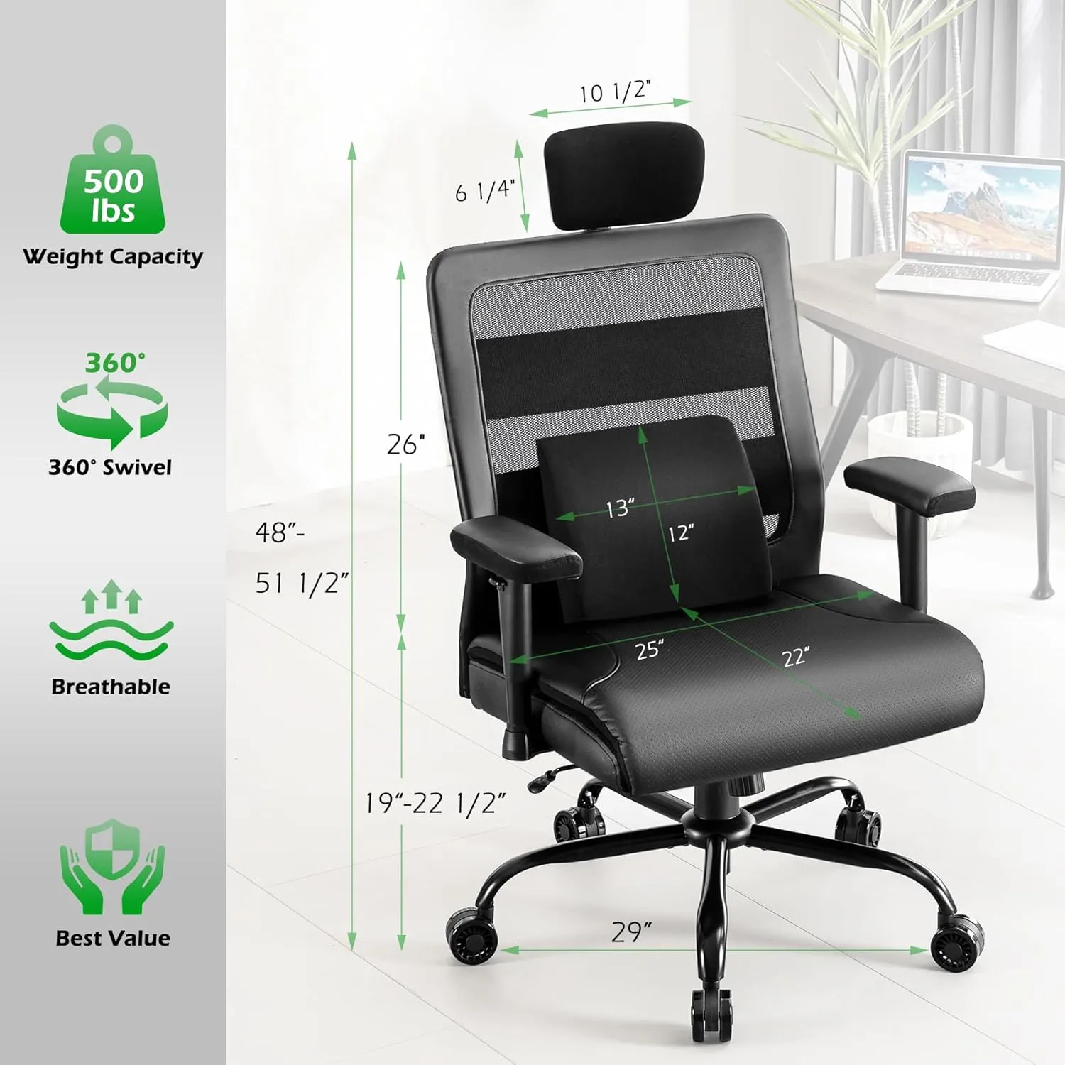 Extra Wide Seat Office Chair for Big and Tall 500lbs, with High Back Adjustable Headrest Lumbar Support Arms Wheels Heavy Duty (Pinhole Leather Seat)