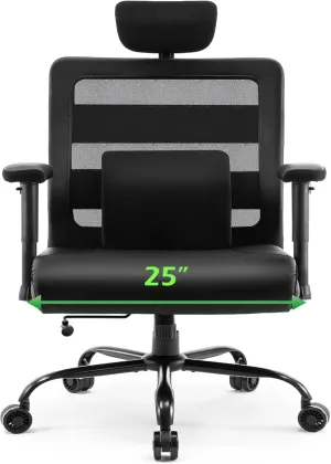 Extra Wide Seat Office Chair for Big and Tall 500lbs, with High Back Adjustable Headrest Lumbar Support Arms Wheels Heavy Duty (Pinhole Leather Seat)