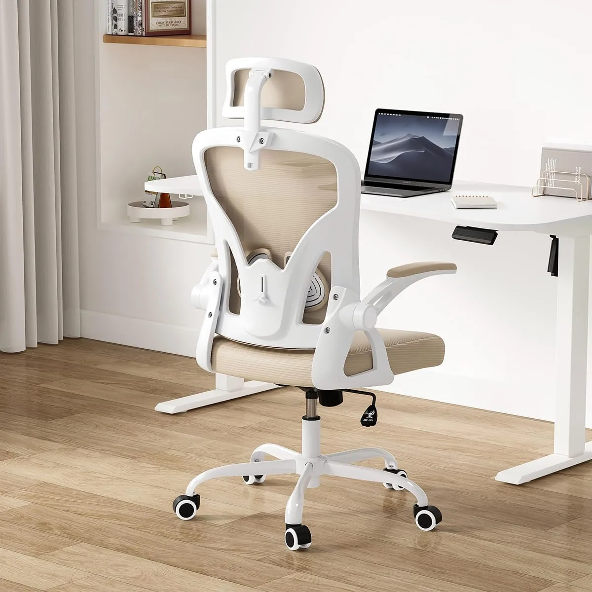Farini Ergonomic Office Chair, Home Office Desk Chair with Headrest, High Back Computer Chair with Armrests and Adjustable Lumbar Support for Home Office Study Bedroom, White & Khaki