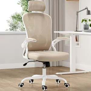 Farini Ergonomic Office Chair, Home Office Desk Chair with Headrest, High Back Computer Chair with Armrests and Adjustable Lumbar Support for Home Office Study Bedroom, White & Khaki