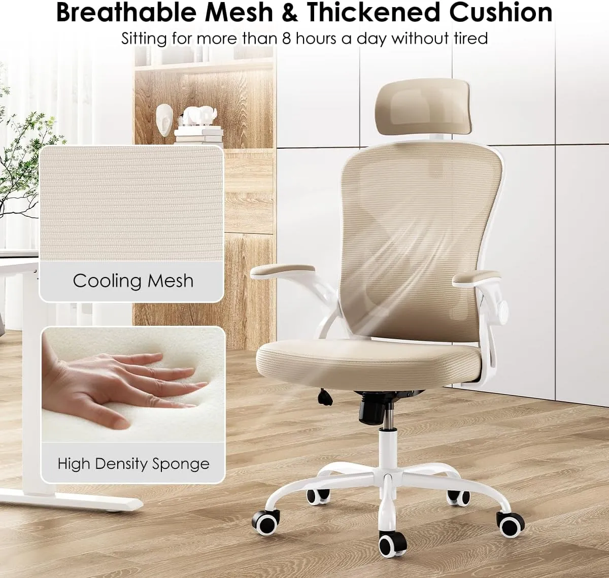 Farini Ergonomic Office Chair, Home Office Desk Chair with Headrest, High Back Computer Chair with Armrests and Adjustable Lumbar Support for Home Office Study Bedroom, White & Khaki