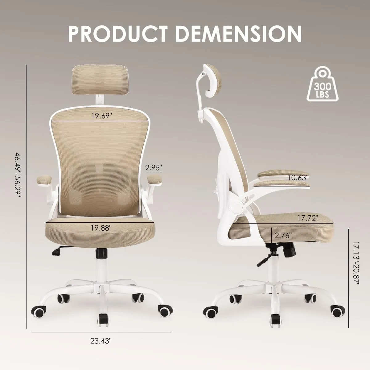 Farini Ergonomic Office Chair, Home Office Desk Chair with Headrest, High Back Computer Chair with Armrests and Adjustable Lumbar Support for Home Office Study Bedroom, White & Khaki