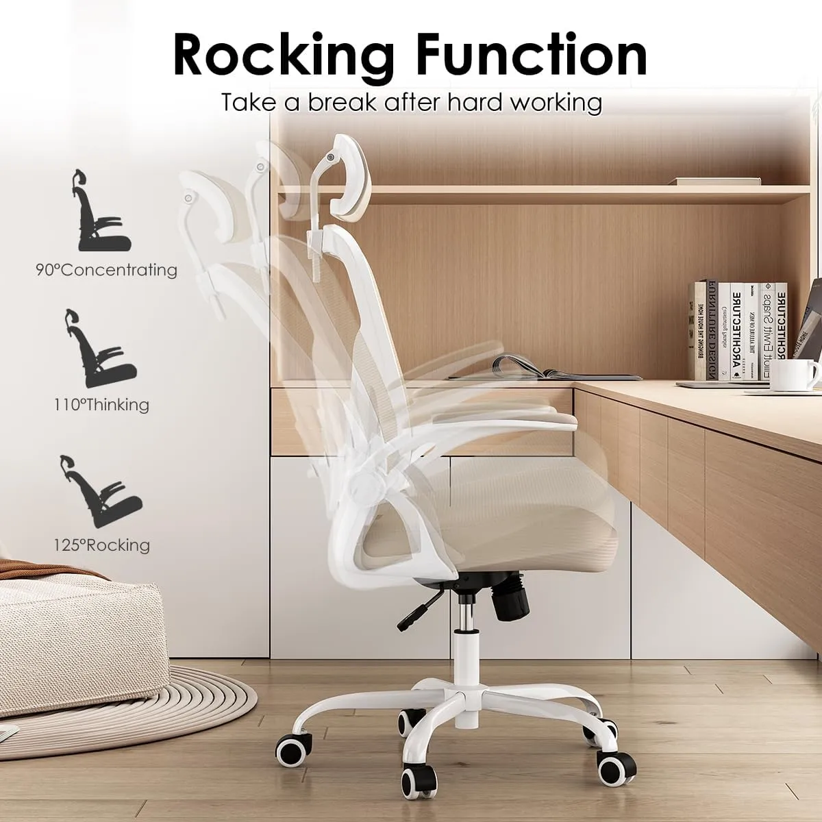 Farini Ergonomic Office Chair, Home Office Desk Chair with Headrest, High Back Computer Chair with Armrests and Adjustable Lumbar Support for Home Office Study Bedroom, White & Khaki