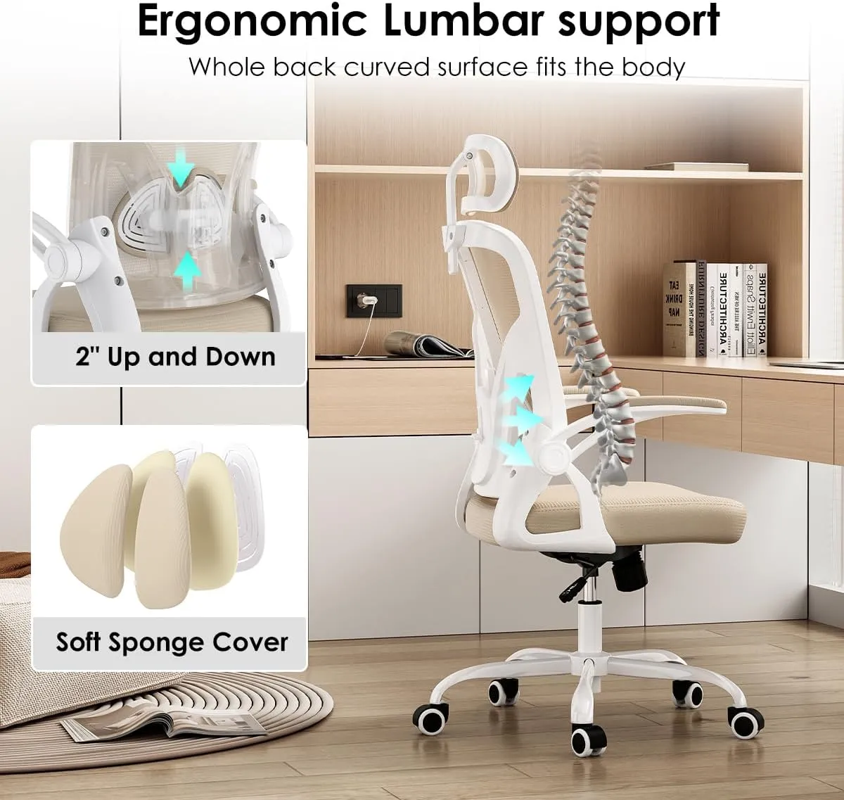 Farini Ergonomic Office Chair, Home Office Desk Chair with Headrest, High Back Computer Chair with Armrests and Adjustable Lumbar Support for Home Office Study Bedroom, White & Khaki