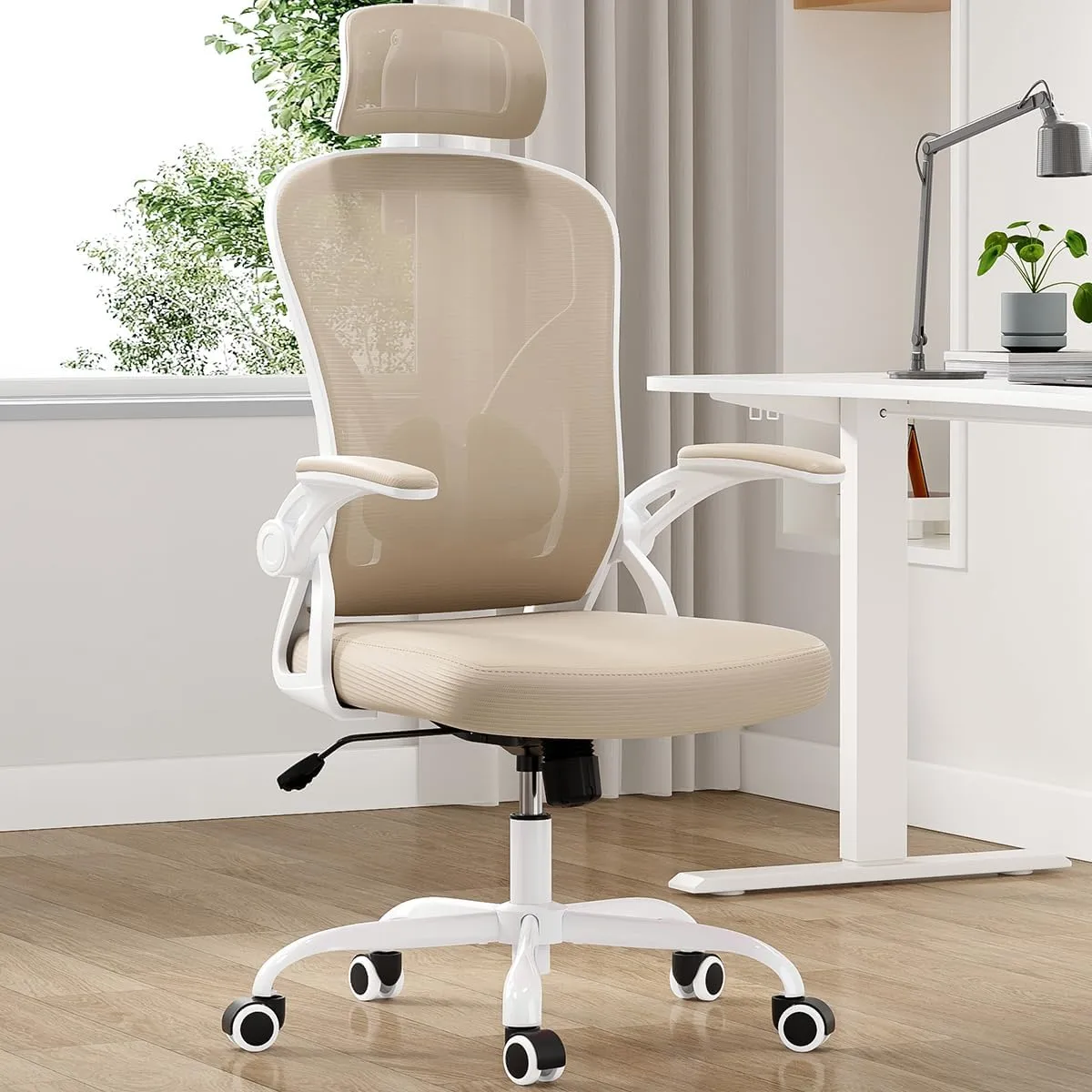 Farini Ergonomic Office Chair, Home Office Desk Chair with Headrest, High Back Computer Chair with Armrests and Adjustable Lumbar Support for Home Office Study Bedroom, White & Khaki