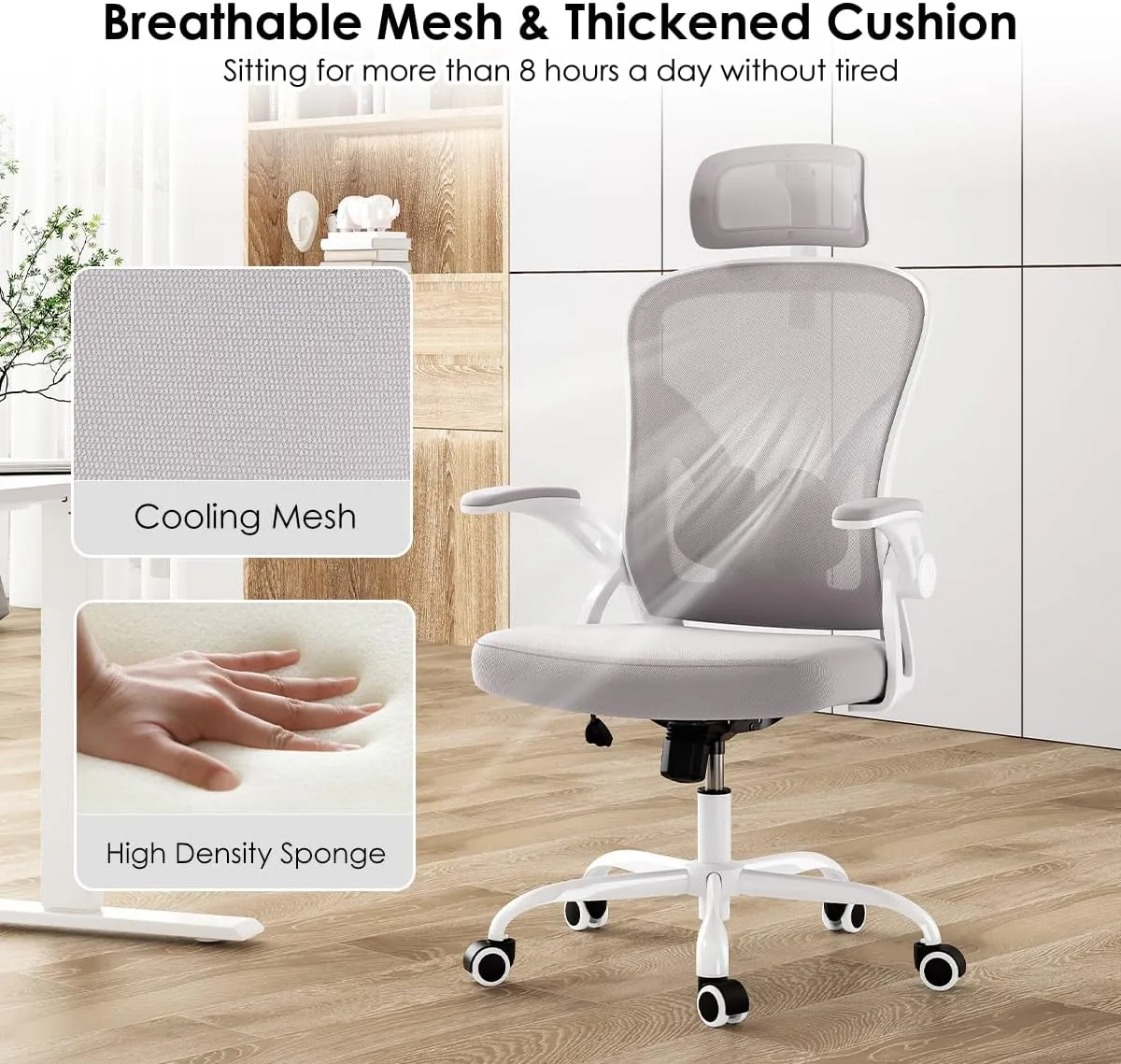 Farini Ergonomic Office Chair, Home Office Desk Chair with Headrest, High Back Computer Chair with Armrests and Adjustable Lumbar Support.for Home Office Study Room Bedroom, White & Gray