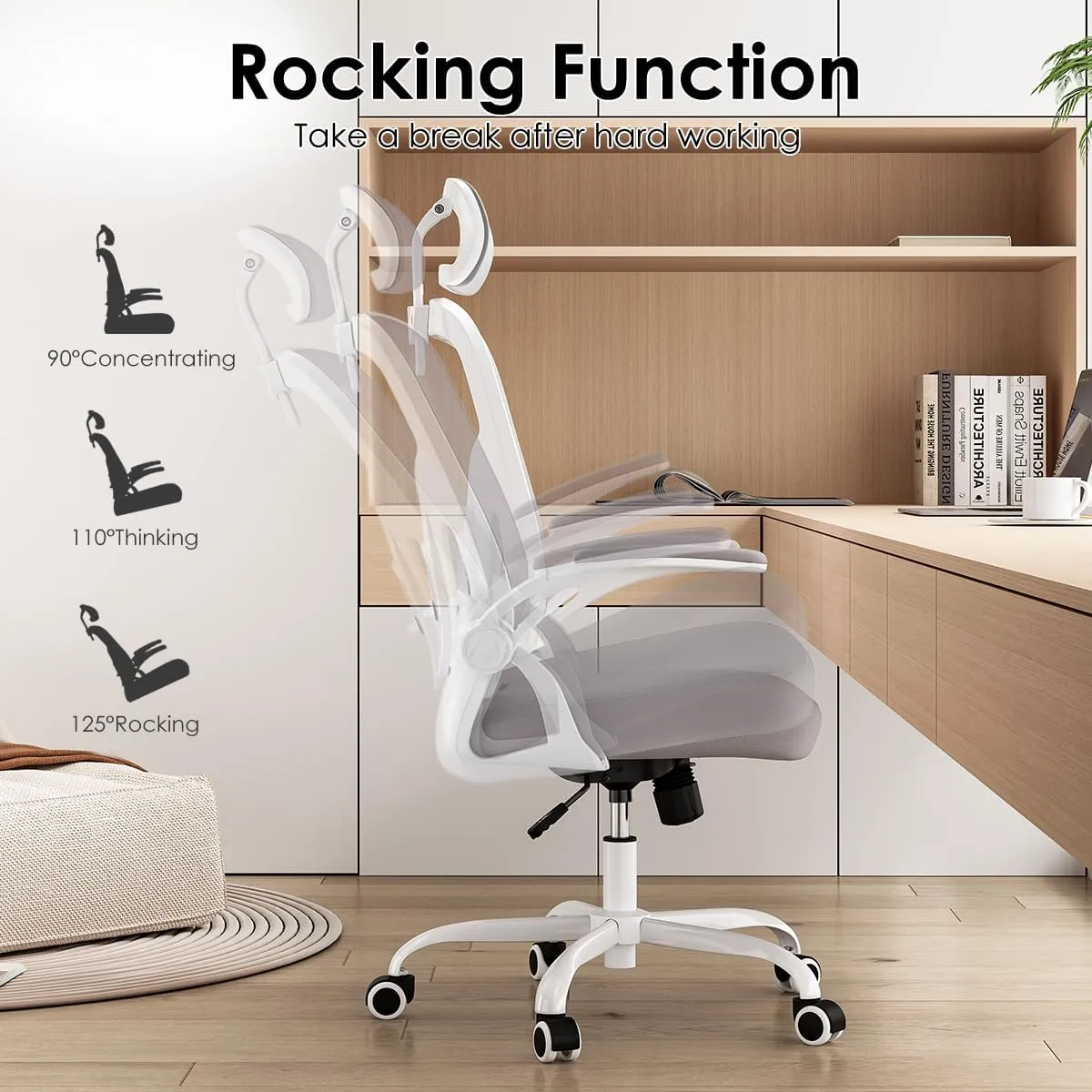 Farini Ergonomic Office Chair, Home Office Desk Chair with Headrest, High Back Computer Chair with Armrests and Adjustable Lumbar Support.for Home Office Study Room Bedroom, White & Gray