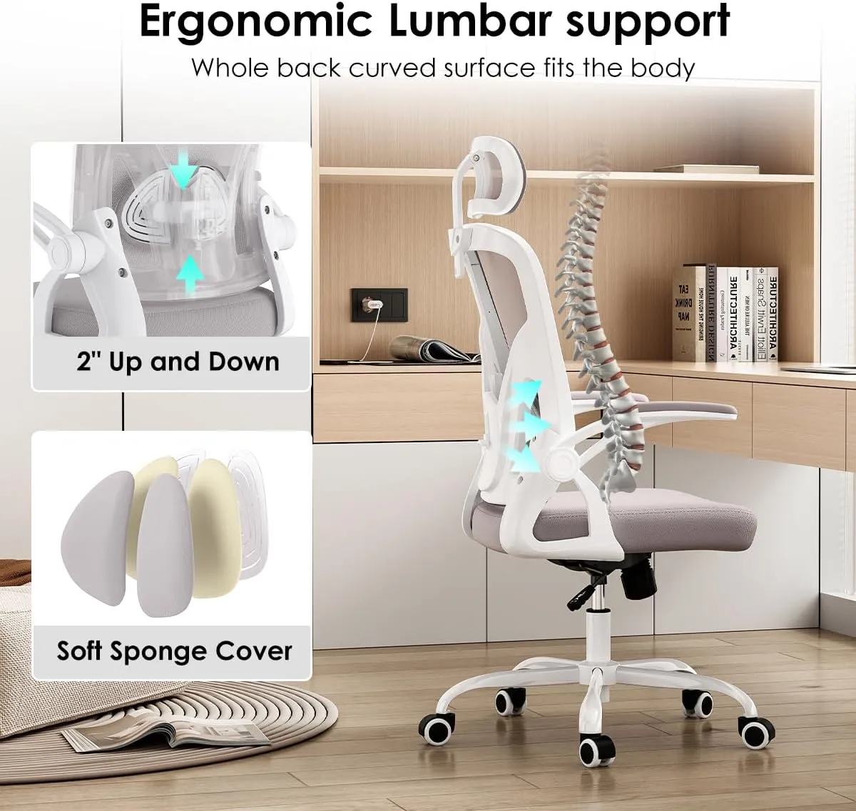 Farini Ergonomic Office Chair, Home Office Desk Chair with Headrest, High Back Computer Chair with Armrests and Adjustable Lumbar Support.for Home Office Study Room Bedroom, White & Gray