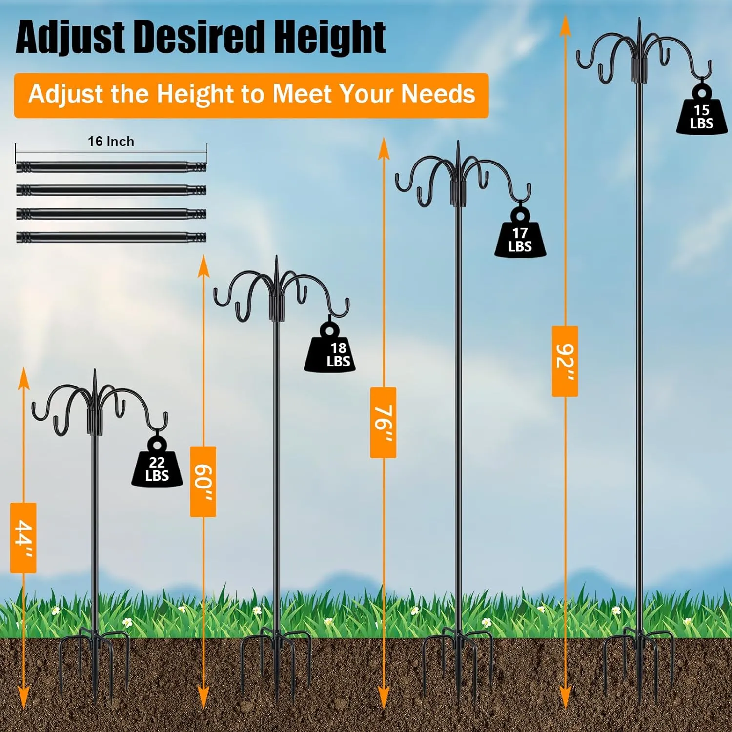FEED GARDEN 92 Inch Adjustable Shepherd Hook With Squirrel Baffles - Heavy Duty 5-Prong Base Bird Feeder Pole With Four Hooks for Hanging Plant Baskets, Solar Lights, Lanterns