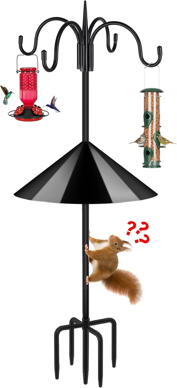 FEED GARDEN 92 Inch Adjustable Shepherd Hook With Squirrel Baffles - Heavy Duty 5-Prong Base Bird Feeder Pole With Four Hooks for Hanging Plant Baskets, Solar Lights, Lanterns
