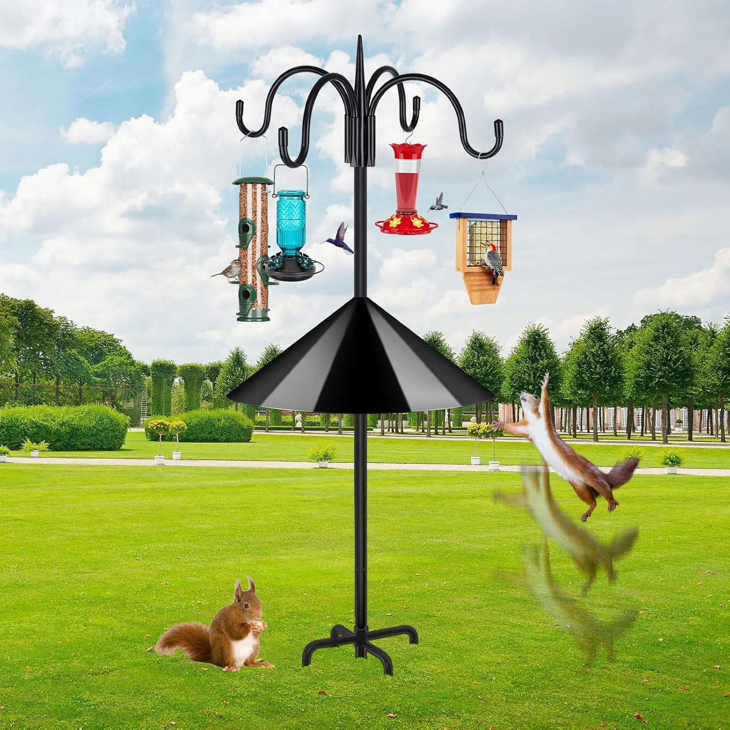 FEED GARDEN 92 Inch Adjustable Shepherd Hook With Squirrel Baffles - Heavy Duty 5-Prong Base Bird Feeder Pole With Four Hooks for Hanging Plant Baskets, Solar Lights, Lanterns