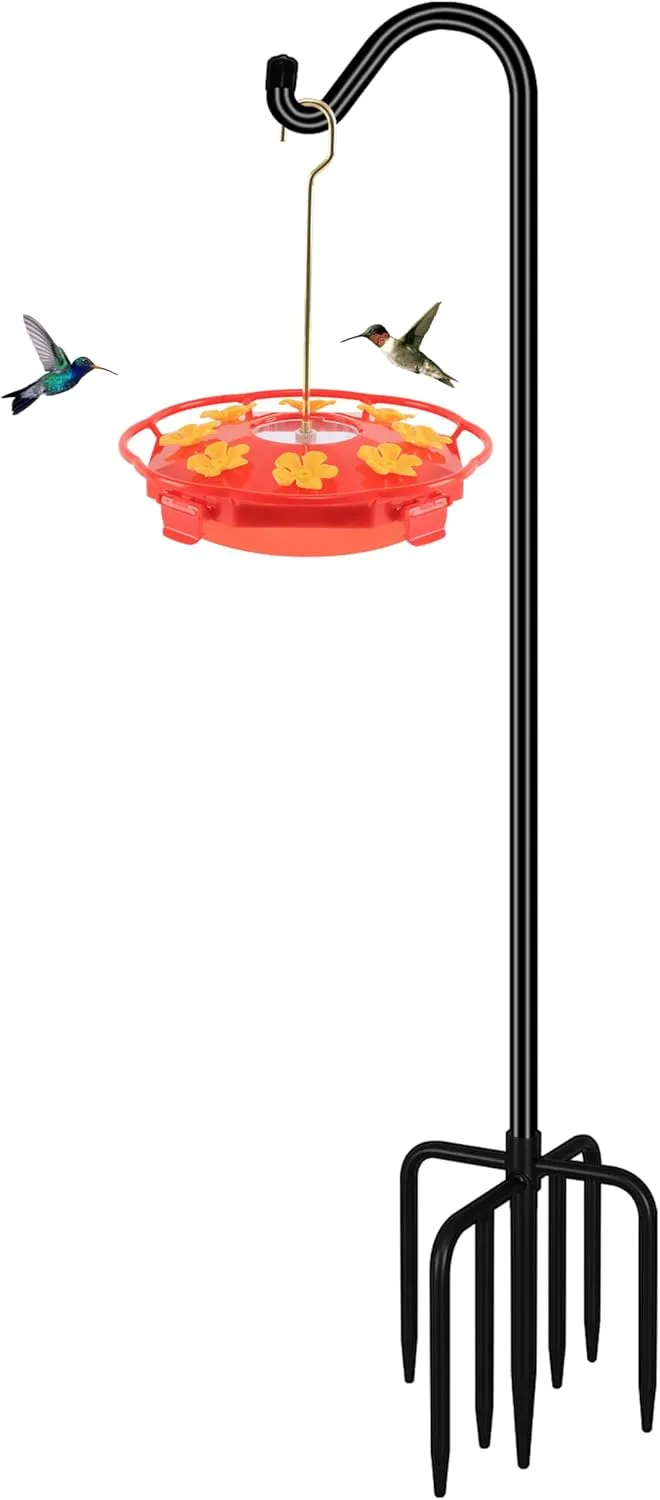 FEED GARDEN [Upgrade Version Adjustable Shepherds Hook Bird Feeder Pole with 7 Prongs Base, 76 Inch Tall Heavy Duty Outdoor Garden Poles for Hanging Bird Feeders, Plant Baskets, Black (1 Pack)