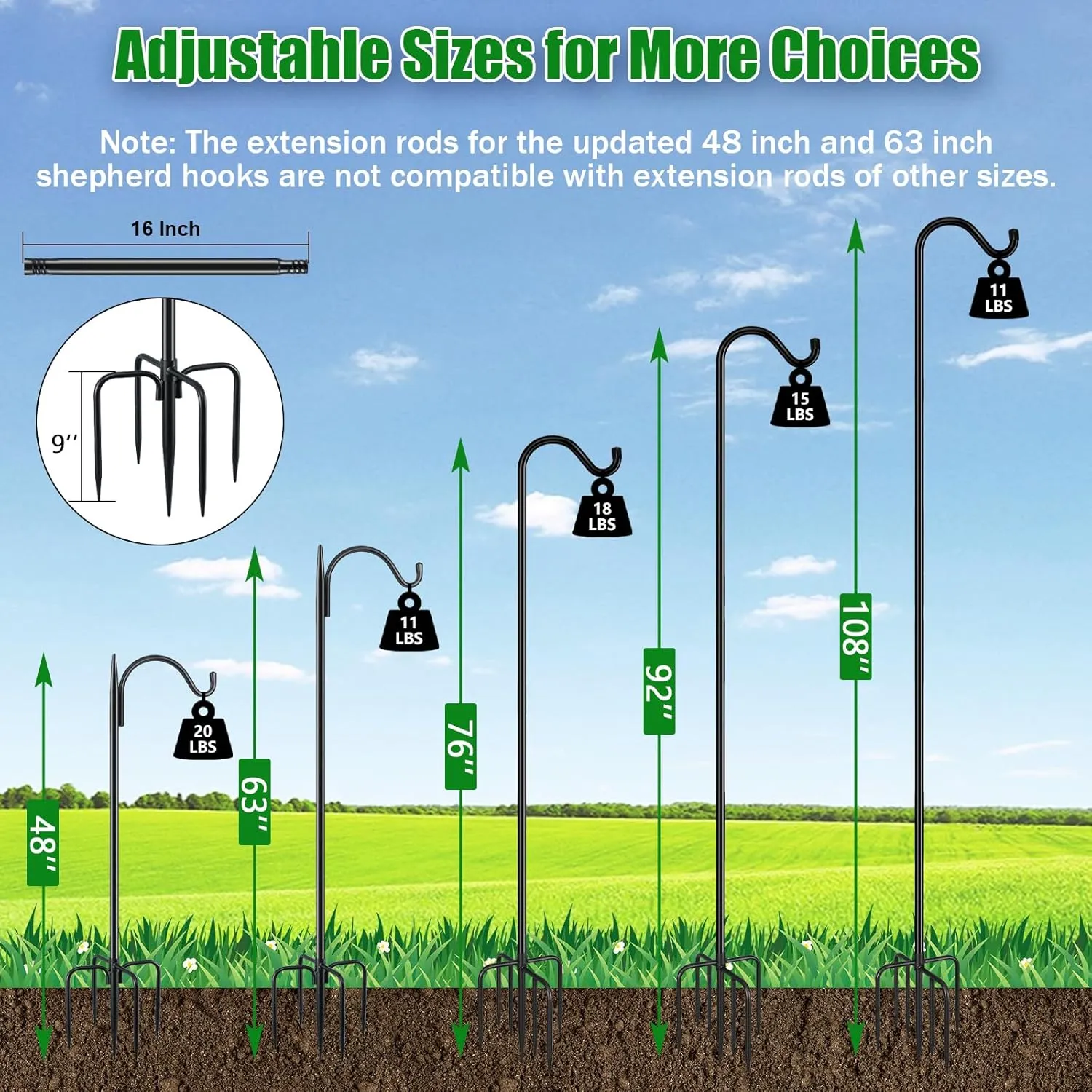 FEED GARDEN [Upgrade Version Adjustable Shepherds Hook Bird Feeder Pole with 7 Prongs Base, 76 Inch Tall Heavy Duty Outdoor Garden Poles for Hanging Bird Feeders, Plant Baskets, Black (1 Pack)