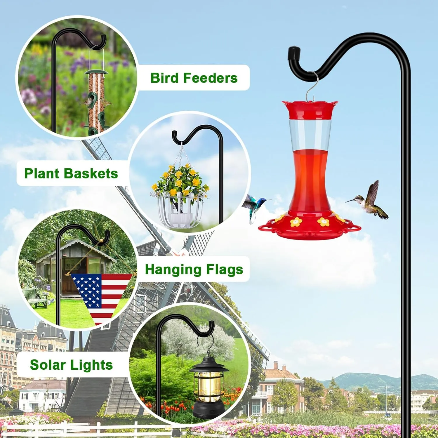 FEED GARDEN [Upgrade Version Adjustable Shepherds Hook Bird Feeder Pole with 7 Prongs Base, 76 Inch Tall Heavy Duty Outdoor Garden Poles for Hanging Bird Feeders, Plant Baskets, Black (1 Pack)