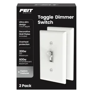 Feit Electric Dimmer Switch for Dimmable LED Light Bulbs, Single Pole or 3-Way Toggle, Wall Plate and Wire Nut Installation Included, DIM/Toggle/2, 2 Pack