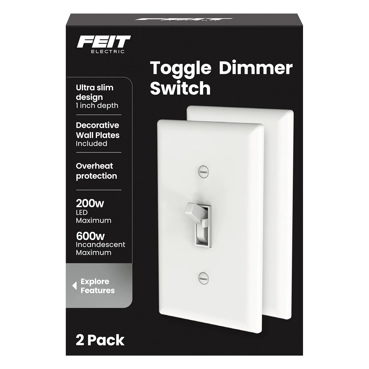 Feit Electric Dimmer Switch for Dimmable LED Light Bulbs, Single Pole or 3-Way Toggle, Wall Plate and Wire Nut Installation Included, DIM/Toggle/2, 2 Pack