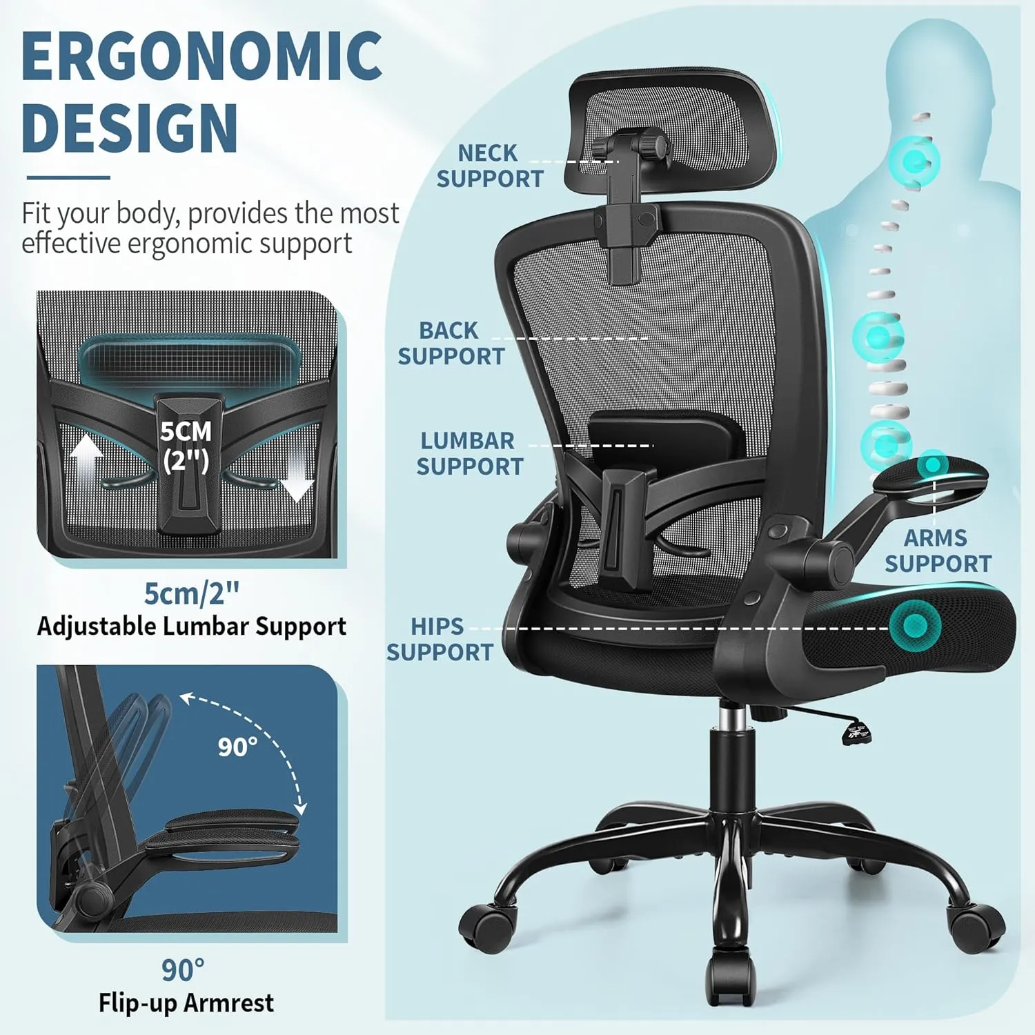 FelixKing Ergonomic Office Chair, Headrest Desk Chair with Adjustable Lumbar Support, Home Office Swivel Task Chair with High Back and Armrest, Adjustable Height Gaming Chair(Black)