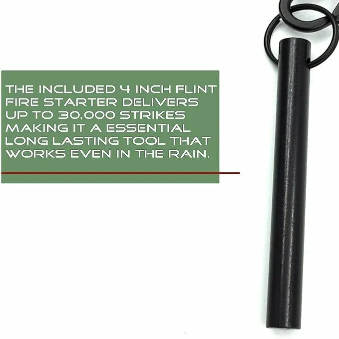 Ferro Fire Starter 4 inch Survival Ferrocerium Drilled Flint Fire Starter, Ferro Rod Kit with Paracord Lanyard Handle, Striker, Cotton Tinder Tab in o-Ring Sealed Carrier Tube and Carry Clip