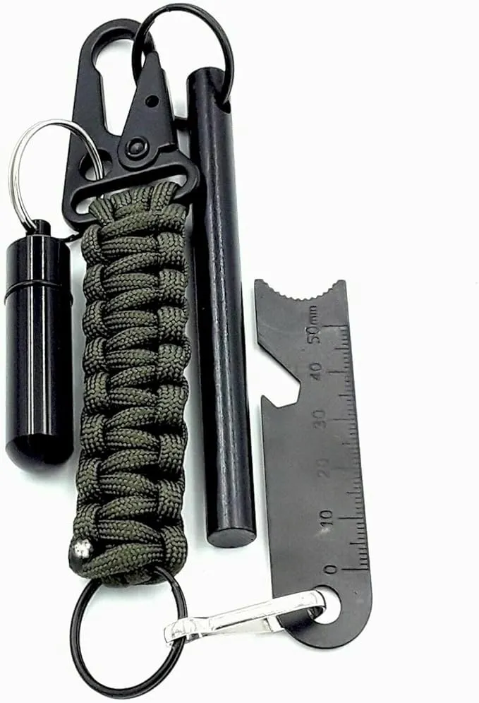 Ferro Fire Starter 4 inch Survival Ferrocerium Drilled Flint Fire Starter, Ferro Rod Kit with Paracord Lanyard Handle, Striker, Cotton Tinder Tab in o-Ring Sealed Carrier Tube and Carry Clip