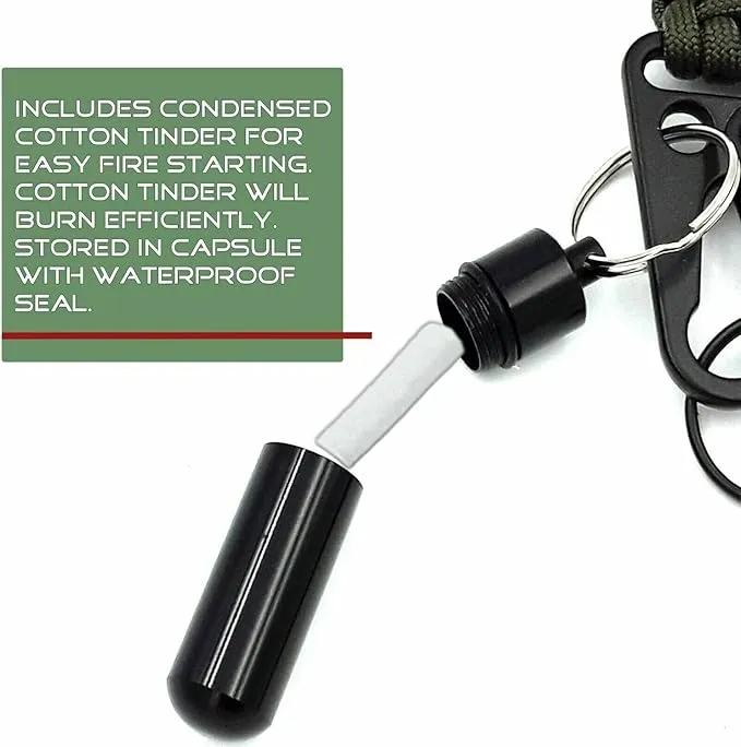 Ferro Fire Starter 4 inch Survival Ferrocerium Drilled Flint Fire Starter, Ferro Rod Kit with Paracord Lanyard Handle, Striker, Cotton Tinder Tab in o-Ring Sealed Carrier Tube and Carry Clip