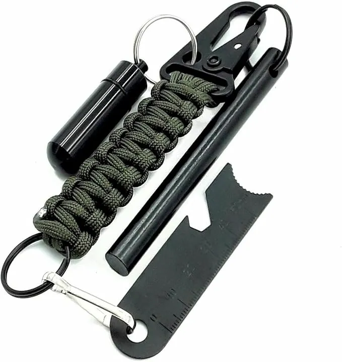 Ferro Fire Starter 4 inch Survival Ferrocerium Drilled Flint Fire Starter, Ferro Rod Kit with Paracord Lanyard Handle, Striker, Cotton Tinder Tab in o-Ring Sealed Carrier Tube and Carry Clip