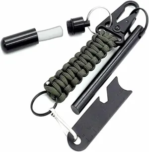 Ferro Fire Starter 4 inch Survival Ferrocerium Drilled Flint Fire Starter, Ferro Rod Kit with Paracord Lanyard Handle, Striker, Cotton Tinder Tab in o-Ring Sealed Carrier Tube and Carry Clip
