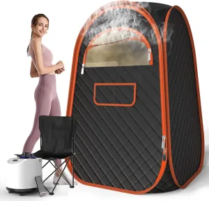 FIOCCO Portable Sauna Box, Portable Sauna for Home with 2.6L Steamer Generator, Remote Control, Portable Chair & Floor Mat, Full Body Personal Saunas Tent for Health, 9 Levels, Orange