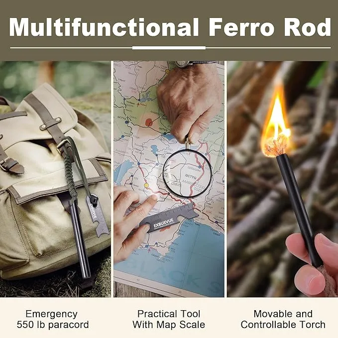 Fire Starter, 5'' Ferro Rod Outdoor Survival Tools Flint and Steel with 2X 13'' Waterproof Tinder Wick Rope and Stricker, Survival Paracord for Bushcraft, Camping, Hiking Kits