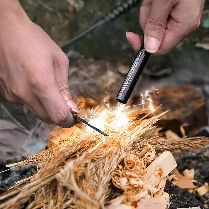 Fire Starter, 5'' Ferro Rod Outdoor Survival Tools Flint and Steel with 2X 13'' Waterproof Tinder Wick Rope and Stricker, Survival Paracord for Bushcraft, Camping, Hiking Kits
