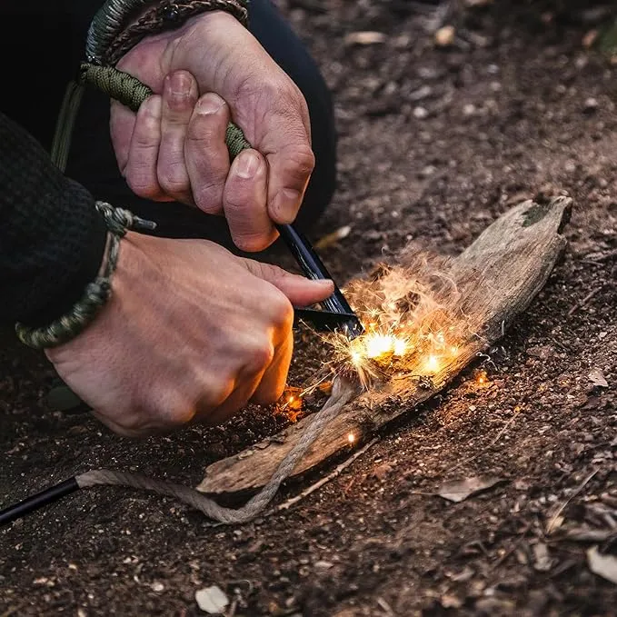Fire Starter, 5'' Ferro Rod Outdoor Survival Tools Flint and Steel with 2X 13'' Waterproof Tinder Wick Rope and Stricker, Survival Paracord for Bushcraft, Camping, Hiking Kits