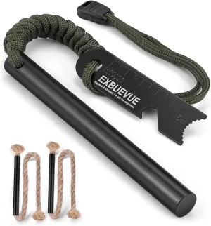 Fire Starter, 5'' Ferro Rod Outdoor Survival Tools Flint and Steel with 2X 13'' Waterproof Tinder Wick Rope and Stricker, Survival Paracord for Bushcraft, Camping, Hiking Kits